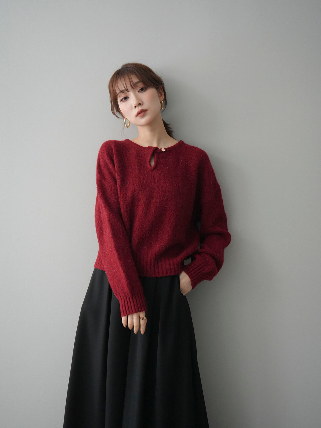 [SET]ツイストネックラメネップヤーンニットプルオーバー+テープベルトタックバギーパンツ(2set)