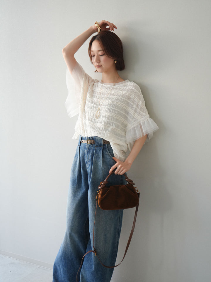 [予約]チュール袖リップルトップス/white