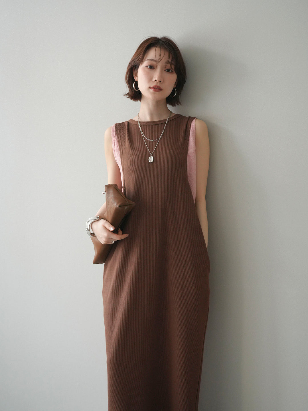 [予約]バイカラーレイヤードノースリーブワンピース/brown