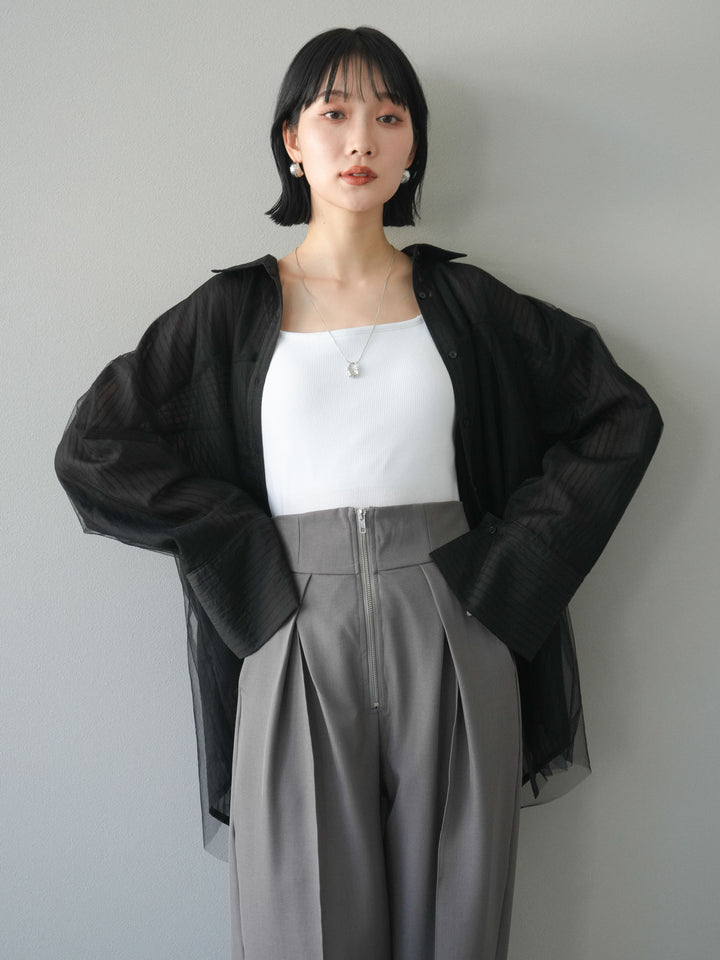 【預購】薄紗對接透視條紋大袖口oversized襯衫/黑色