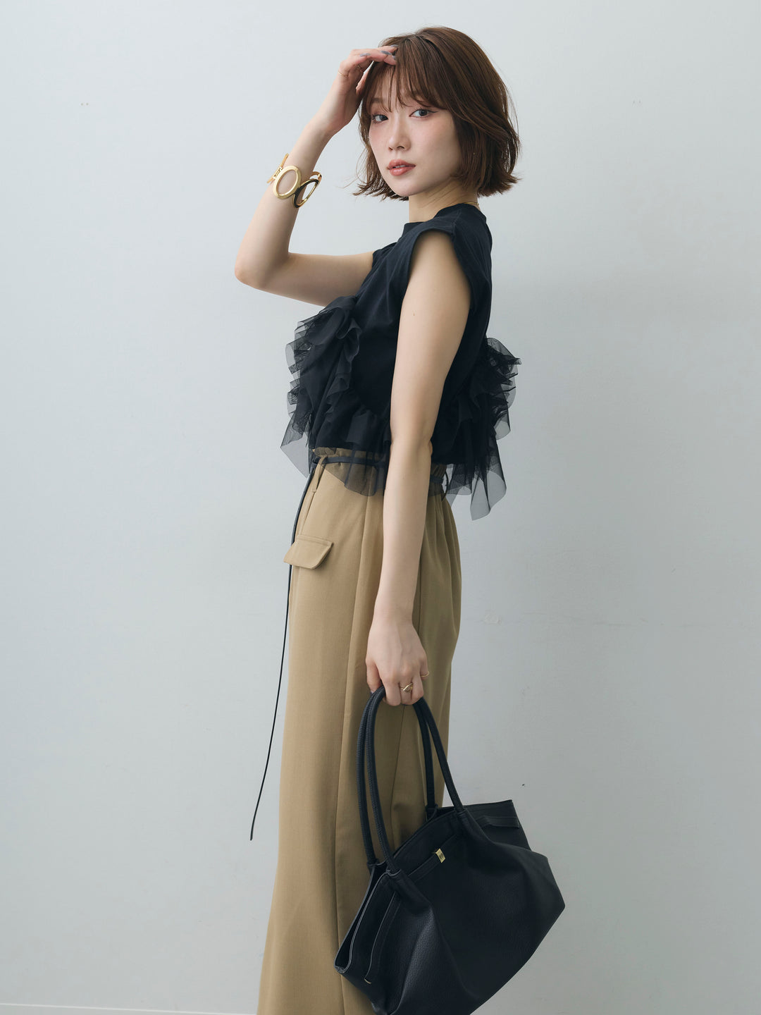 [SET]マルチwayフリルフレンチTEE+クレープデシンフラップ付きストレートスカート(2set)