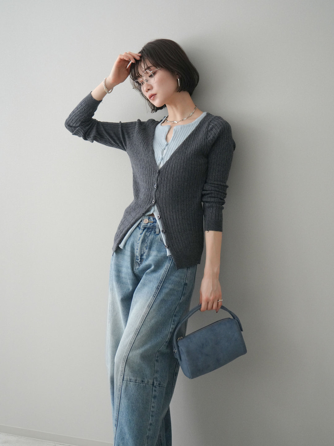 [予約]バイカラーレイヤードニットカーディガン/gray