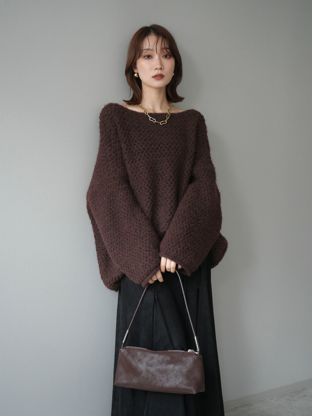 [予約]ワッフル編みオーバーニットプルオーバー/brown