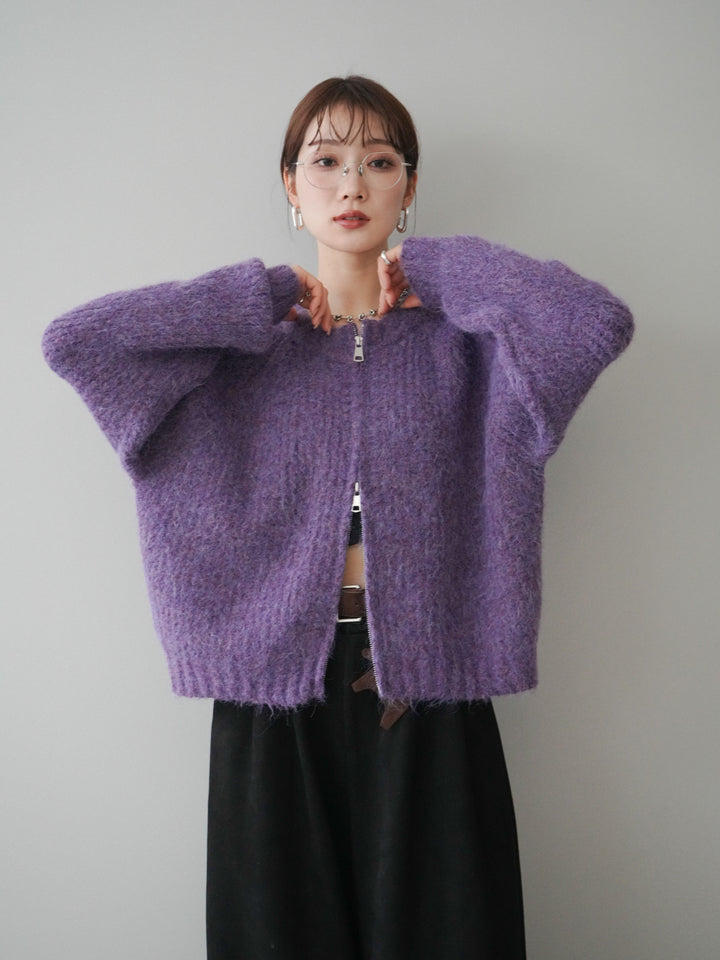 [予約]MIXヤーンモヘアタッチZIPニットカーディガン/purple
