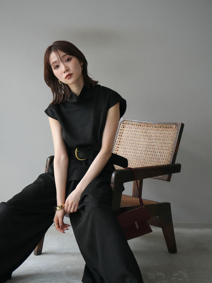 [SET]ベルト付スエードハイネックプルオーバー＆ワイドパンツSET UP