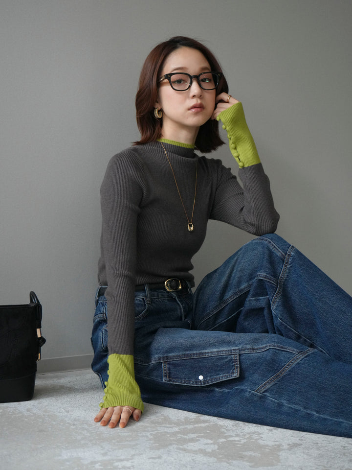 [SET]袖ボタンハイネック配色リブニットトップス+袖ボタンハイネック配色リブニットトップス(2set)