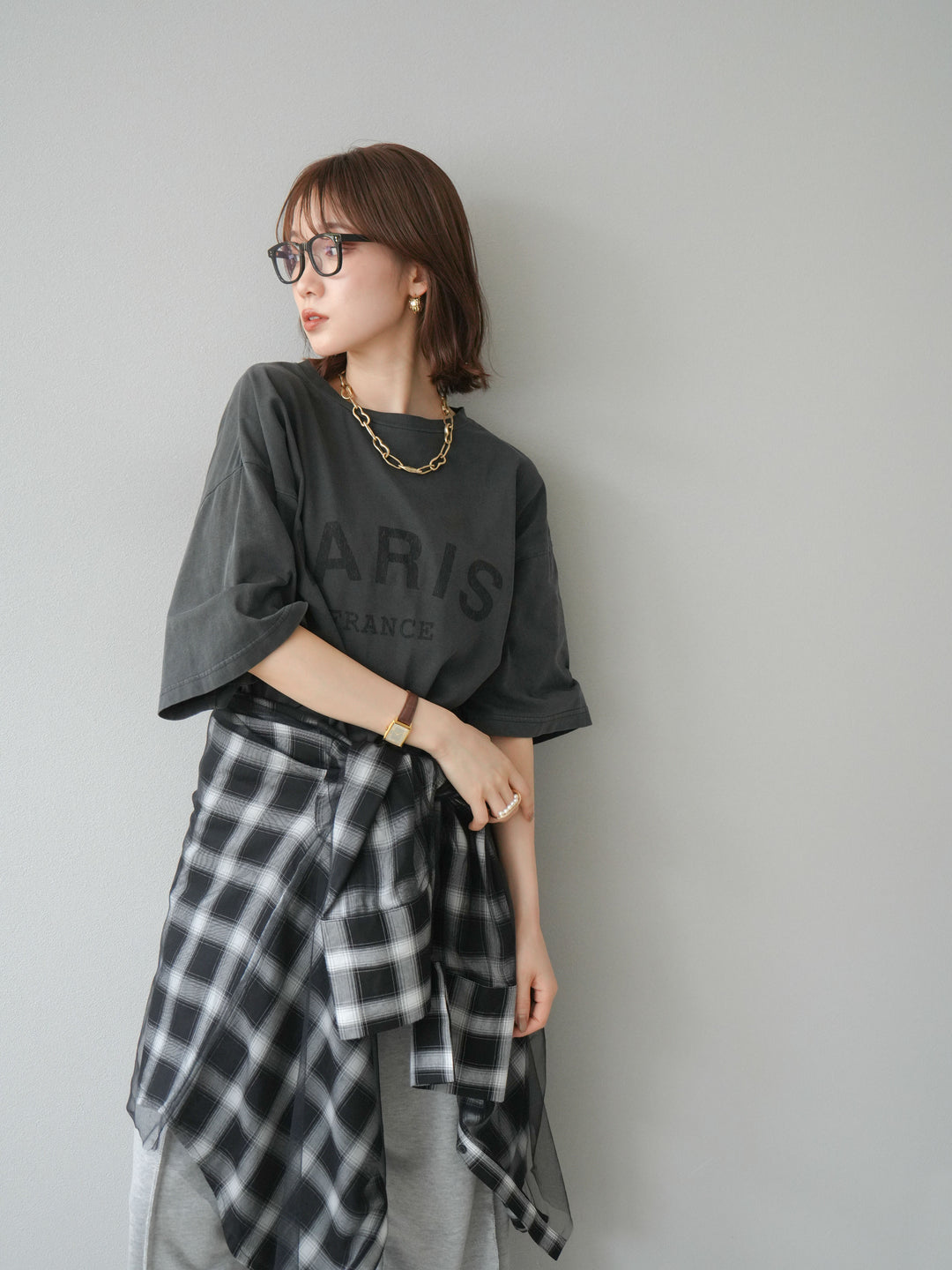 [SET]ピグメントロゴプリントTシャツ+2WAYデザインスウェットパンツ+チュールドッキングチェック柄オーバーサイズシャツ(3set)