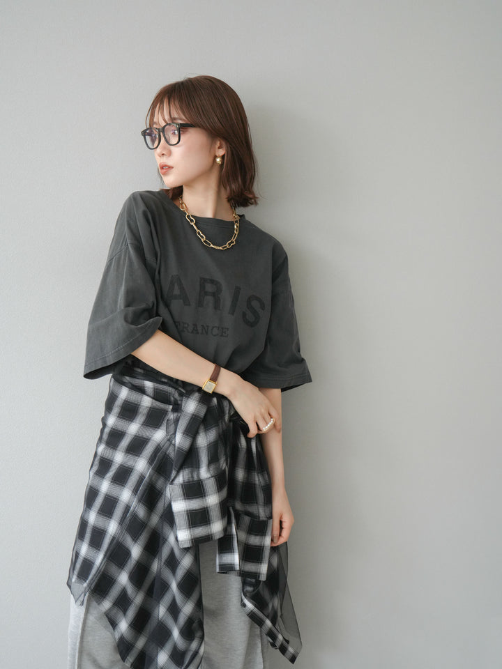 [SET]ピグメントロゴプリントTシャツ+2WAYデザインスウェットパンツ+チュールドッキングチェック柄オーバーサイズシャツ(3set)