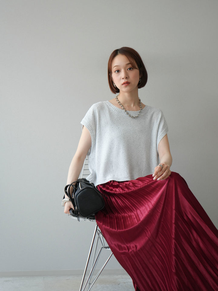 [SET]ネップヤーンクロップドニットベスト+サテンプリーツマキシスカート(2set)