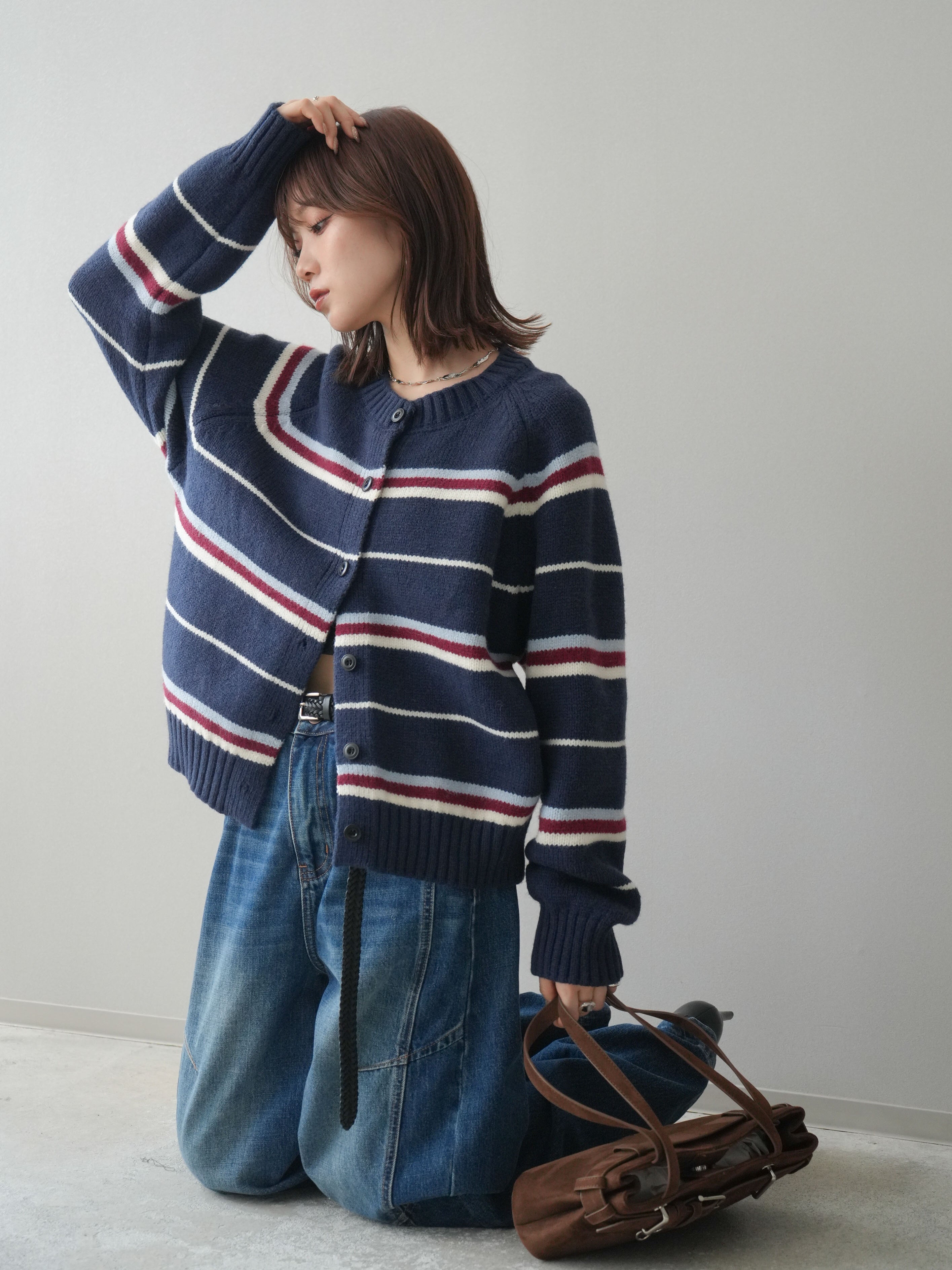 予約]ランダムボーダーニットカーディガン/navy – Lumier