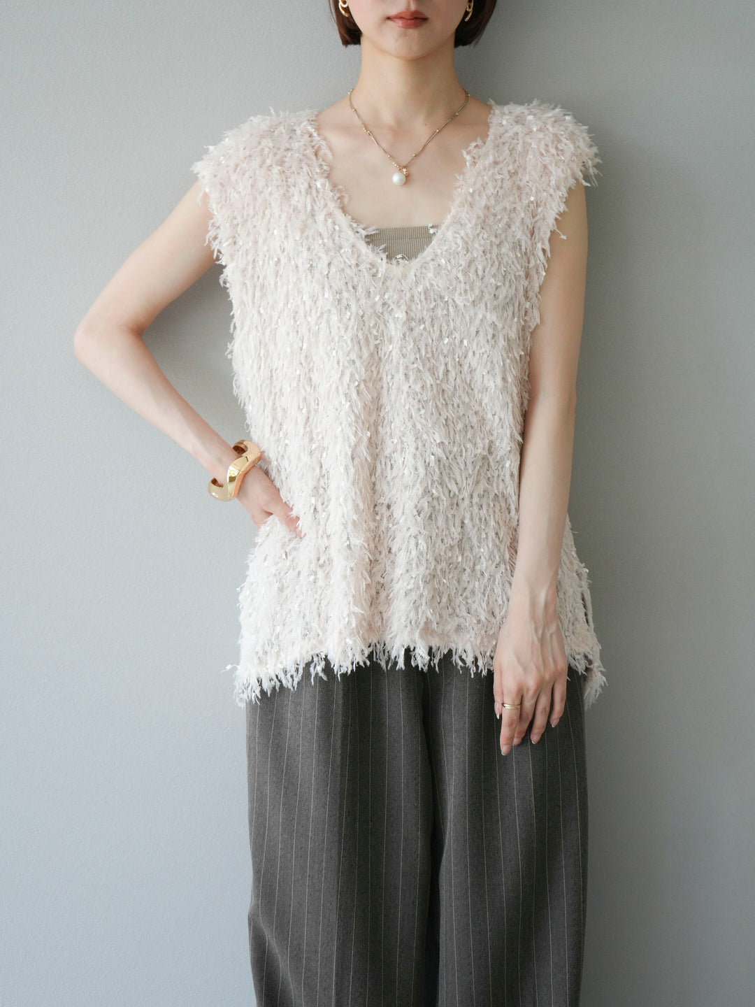 【預訂】流蘇V領背心/象牙色