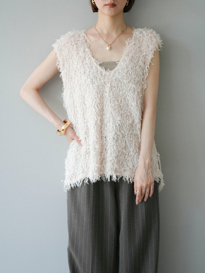 【預訂】流蘇V領背心/象牙色