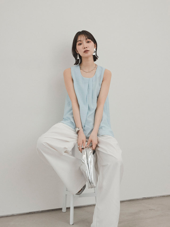 [SET] 透視褶皺不對稱上衣 + 設計環側褶褲 (2 件組)