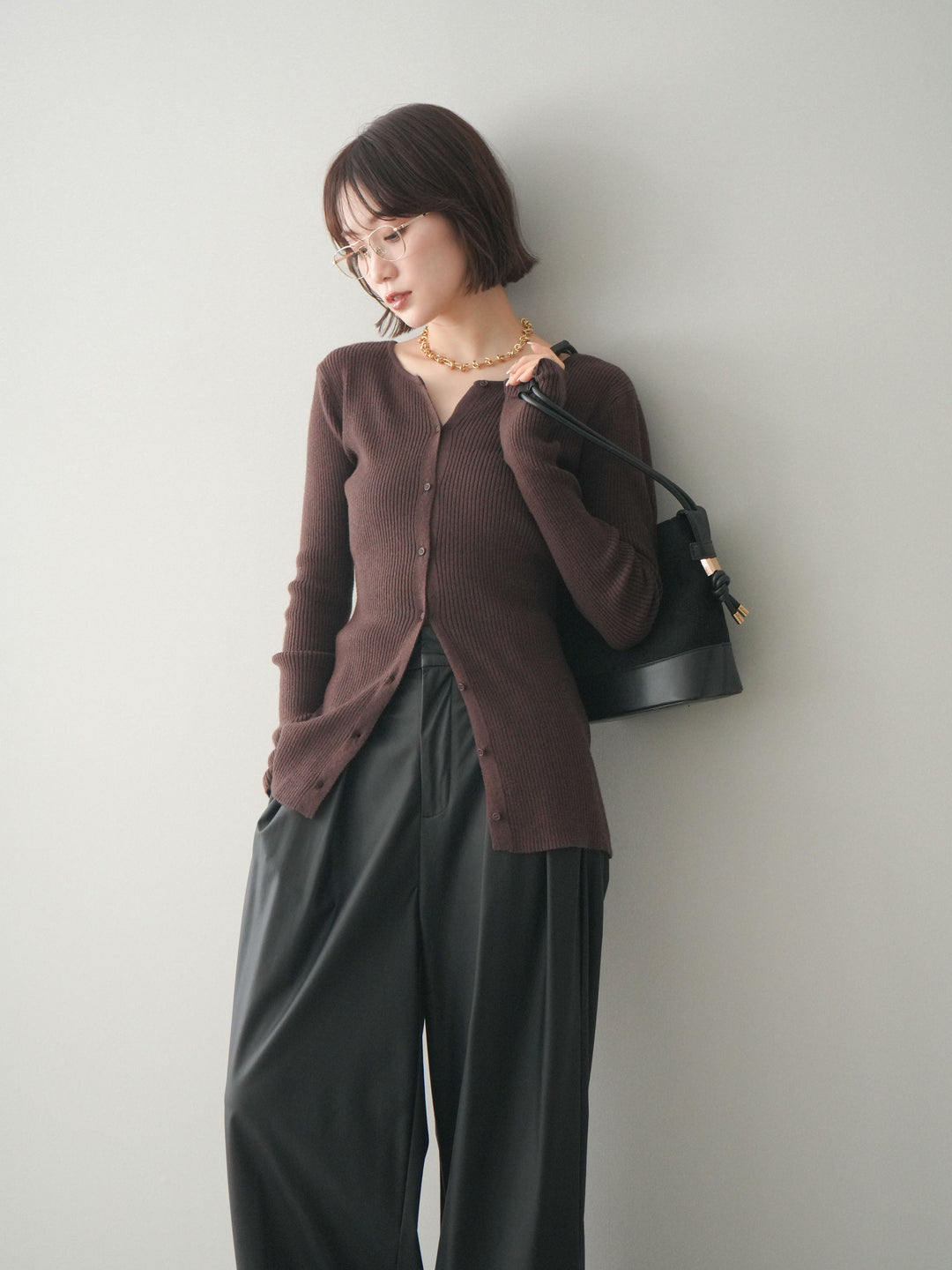 [予約]前後2WAYリブ編みクルーネックカーディガン/darkbrown