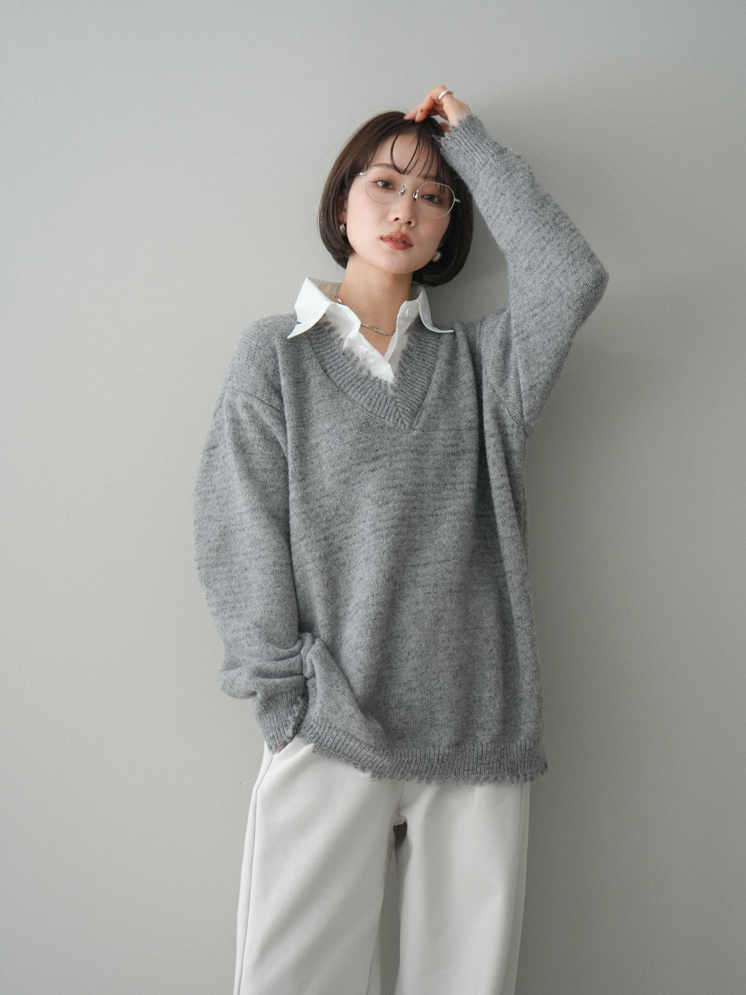 [予約]シャツドッキングVネックフリンジニットプルオーバー/gray