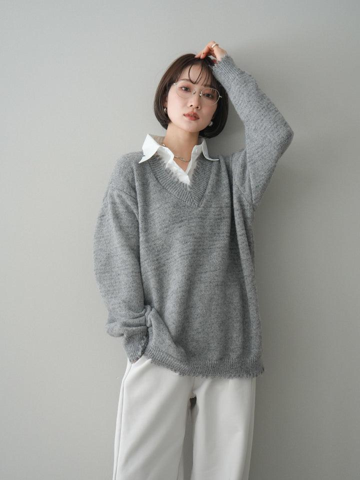 [予約]シャツドッキングVネックフリンジニットプルオーバー/gray