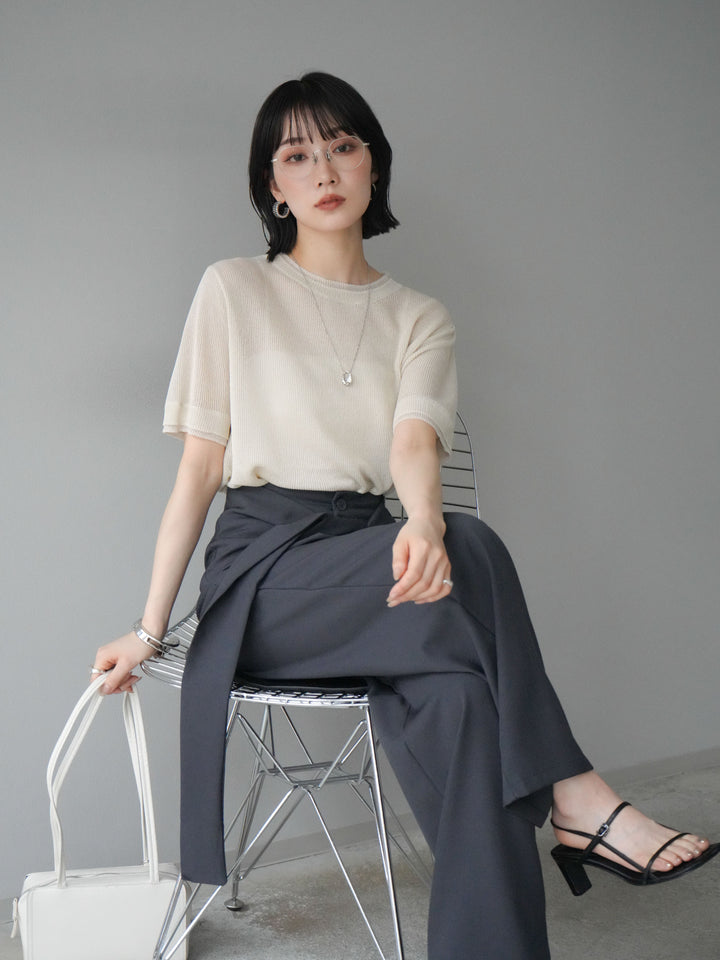 [SET]リネンタッチ配色二重臼ハーフニットトップス+ウエスト巻きデザインワイドパンツ(2set)