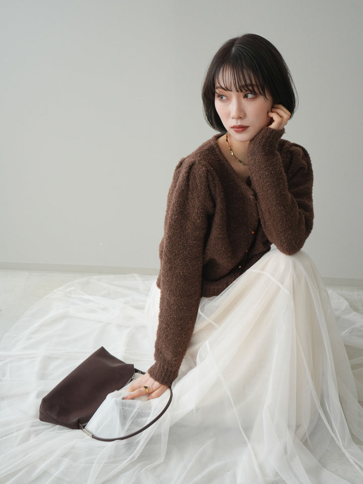 [SET]ゴールドボタンブークレニットカーディガン+チュールボリュームスカート(2set)