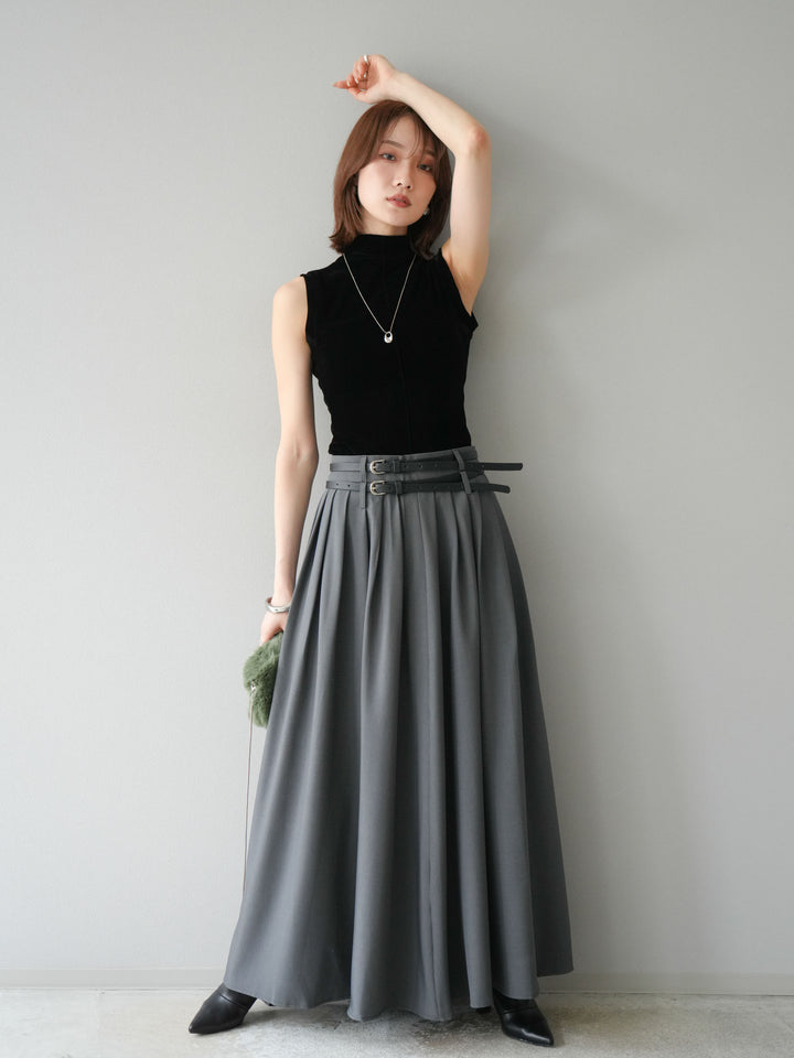 [SET]シアーベロアプチネックノースリーブトップス+エステルプリーツスリットスカート(2set)