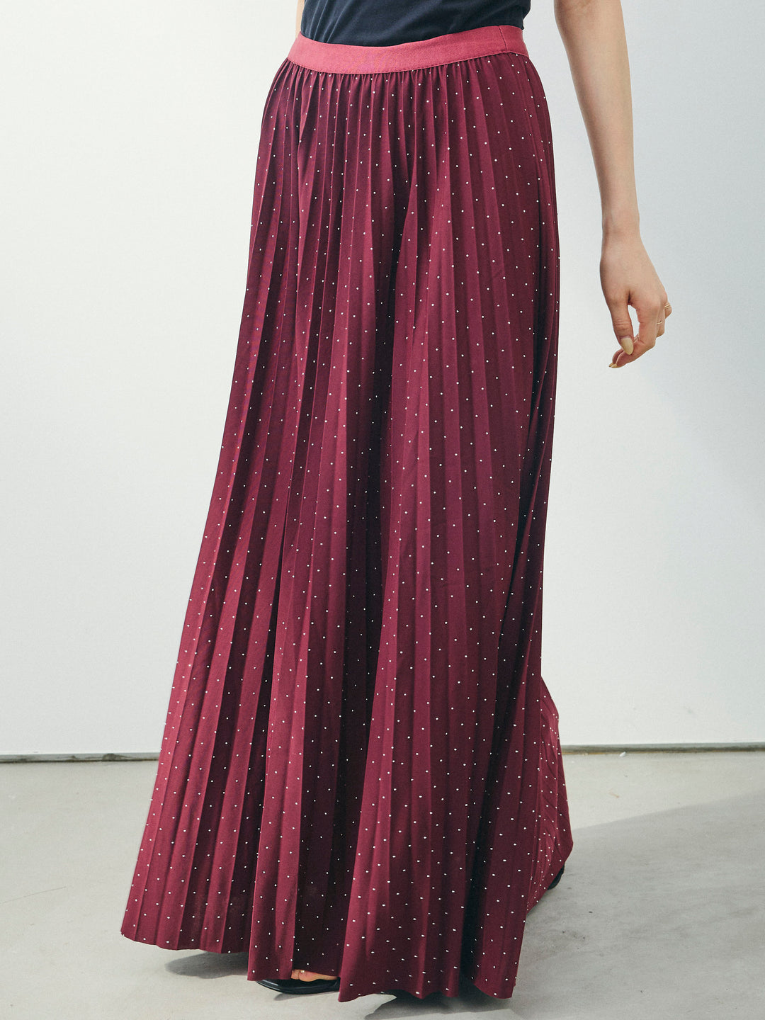 [予約]ラインストーンプリーツスカート/バーガンディー