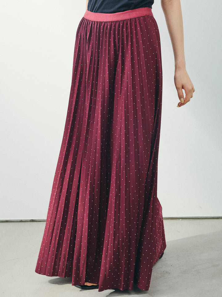 [予約]ラインストーンプリーツスカート/バーガンディー
