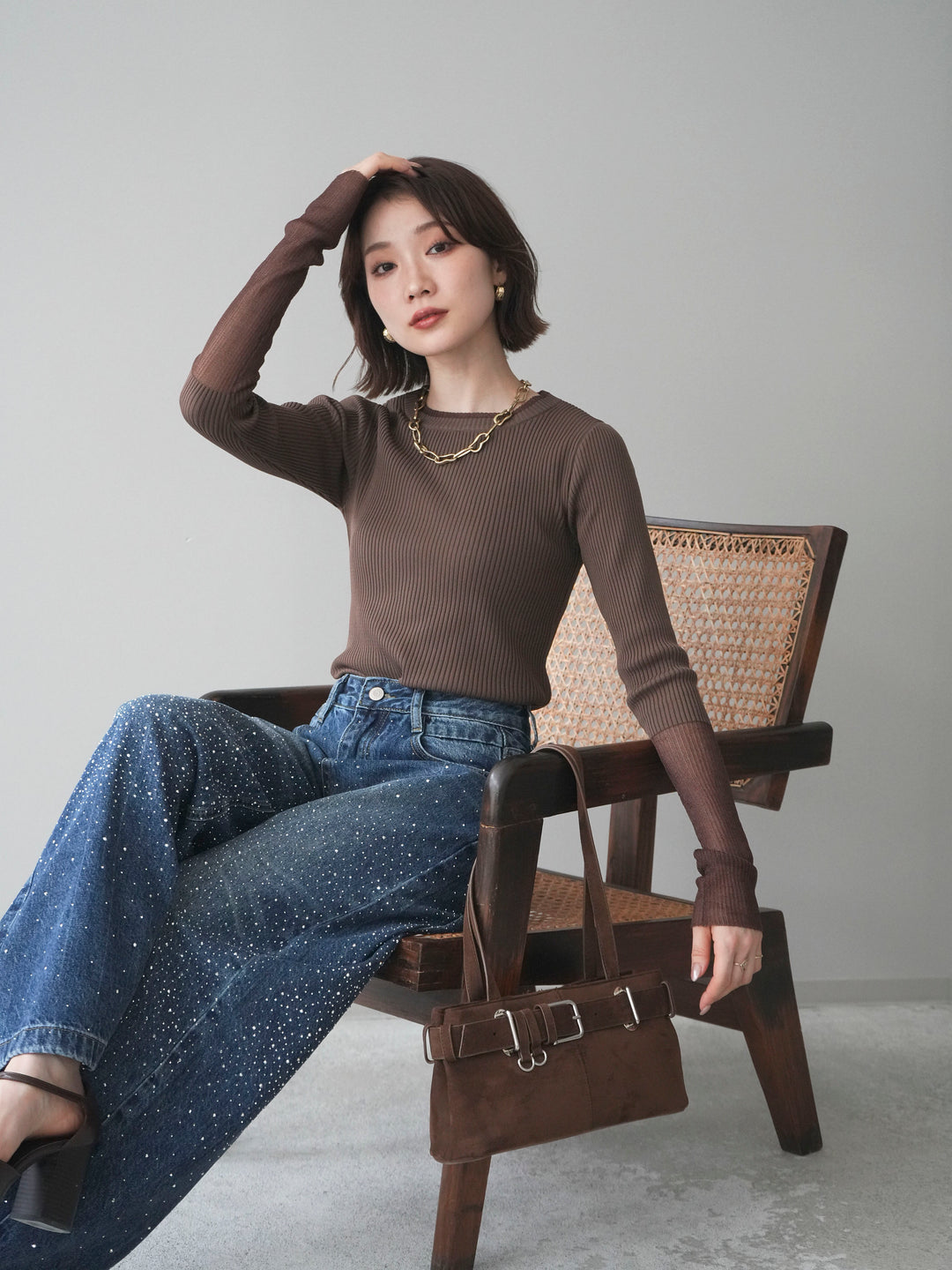 [SET]リブラメシアー切替リブニットトップス+ラインストーンカーブデニムパンツ(2set)