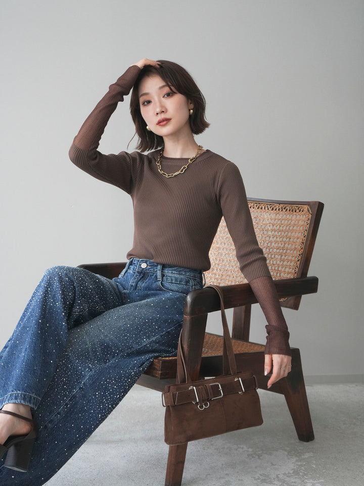 [SET]リブラメシアー切替リブニットトップス+ラインストーンカーブデニムパンツ(2set)