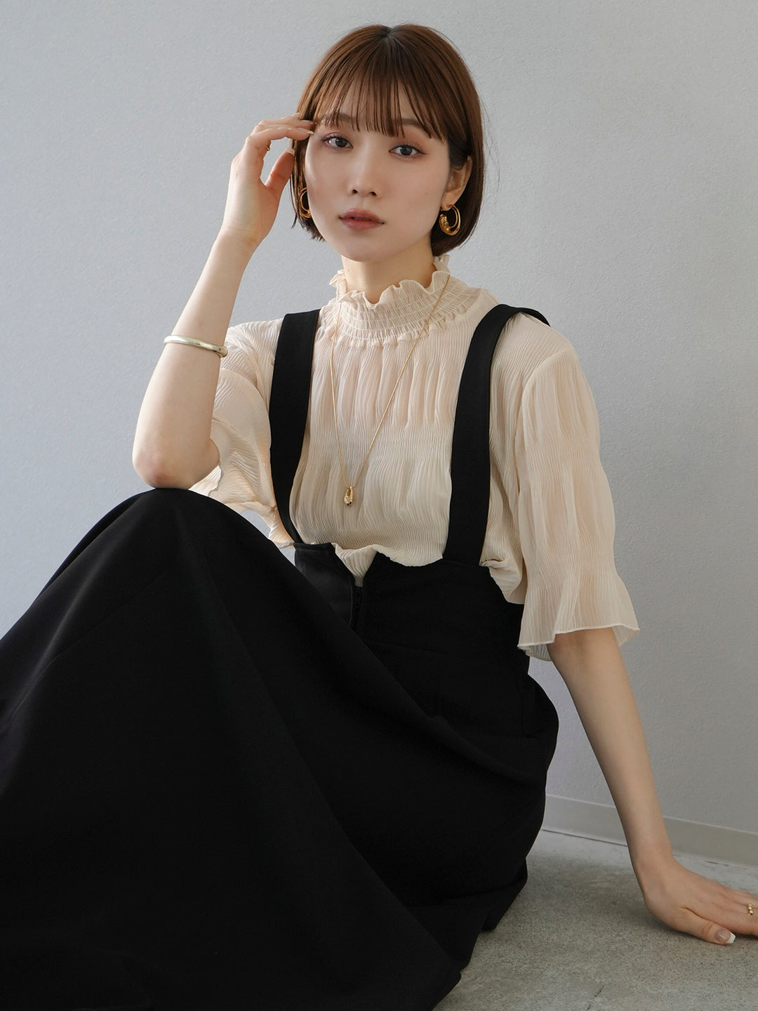 [SET] Shirring chiffon half sleeve blouse + 2WAY flare jumper skirt (2set)