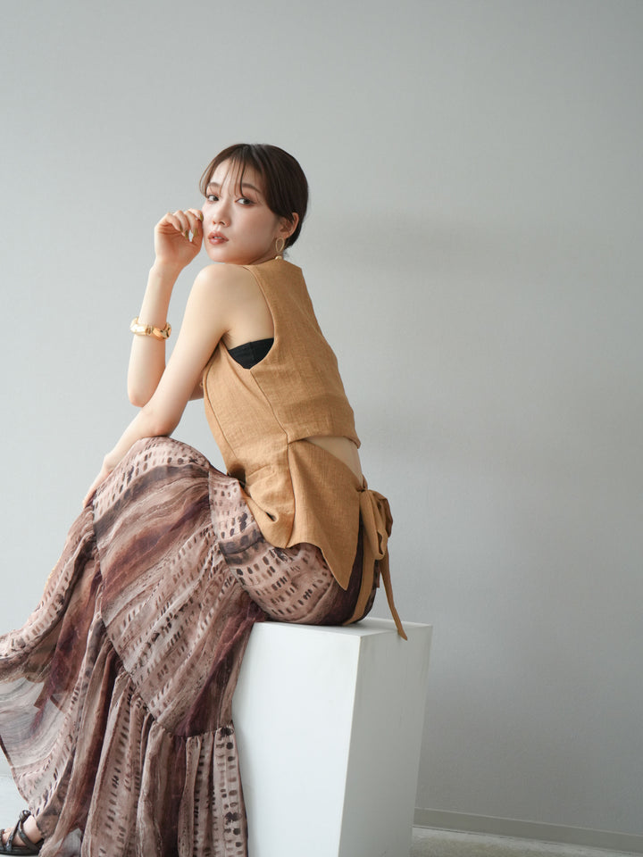 [SET]リネンタッチバックオープンベスト＆ニュアンス柄マキシスカートSET UP(2set)