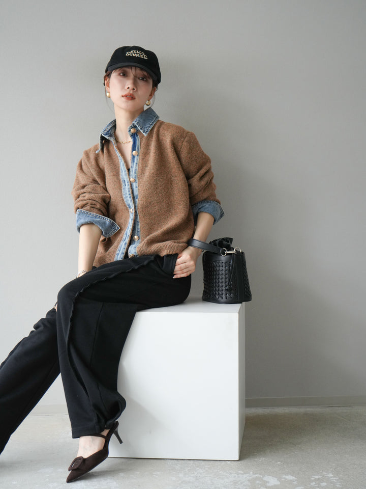 【着回しセット】[SET]デニム襟ボタンニットカーディガン+デニム襟ボタンニットカーディガン+2WAYデザインスウェットパンツ(3set)