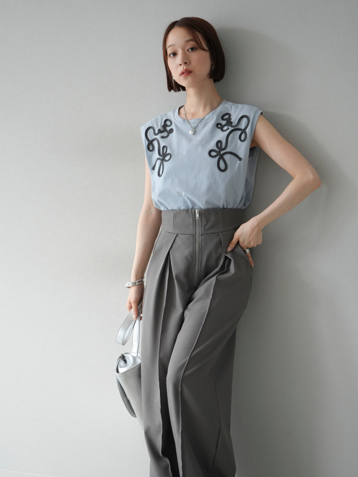 [SET]コード刺繍フレンチスリーブTシャツ+ジップタックワイドパンツ(2set)