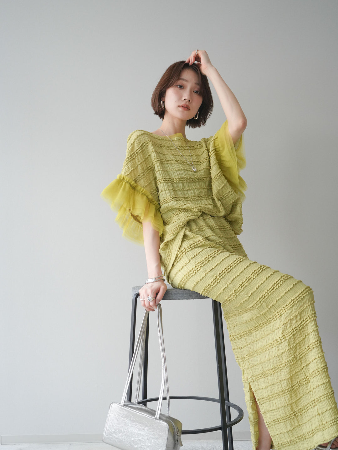 [SET]チュール袖リップルトップス+リップルIラインスカート(2set)