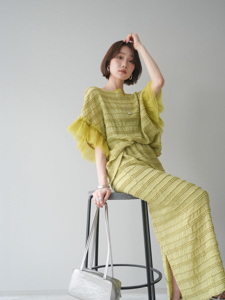 [SET]チュール袖リップルトップス+リップルIラインスカート(2set)