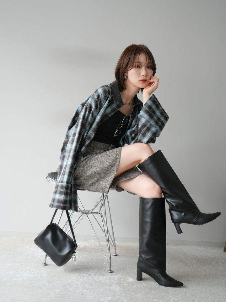 [SET]レザー襟オンブレチェックオーバーシャツ +ツイードハーフパンツ(2set)