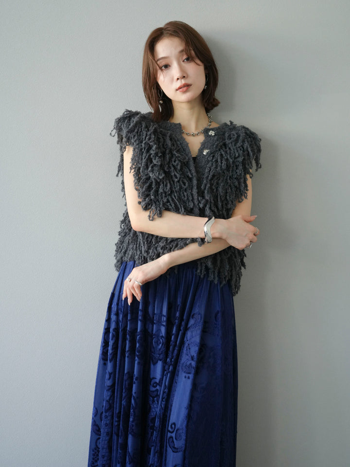 [SET]フリンジループニットベスト+アンティーク柄フロッキーマキシスカート(2set)