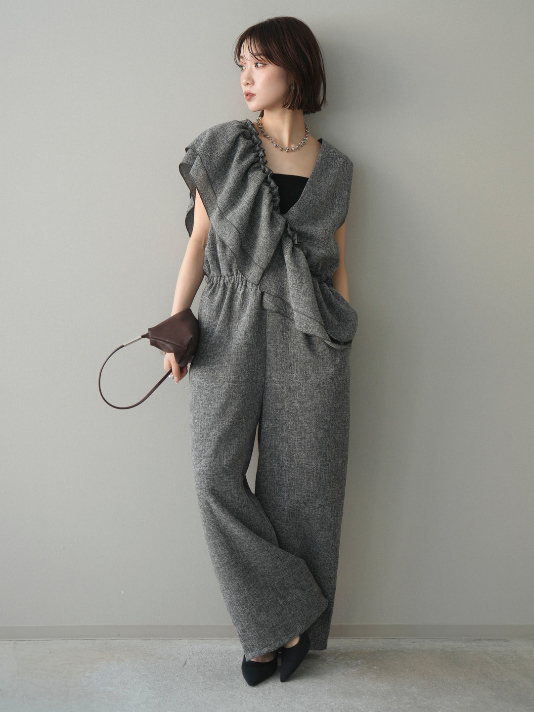 [SET]3WAYミックスツイードギャザーオールインワン+選べるアクセセット(2set)