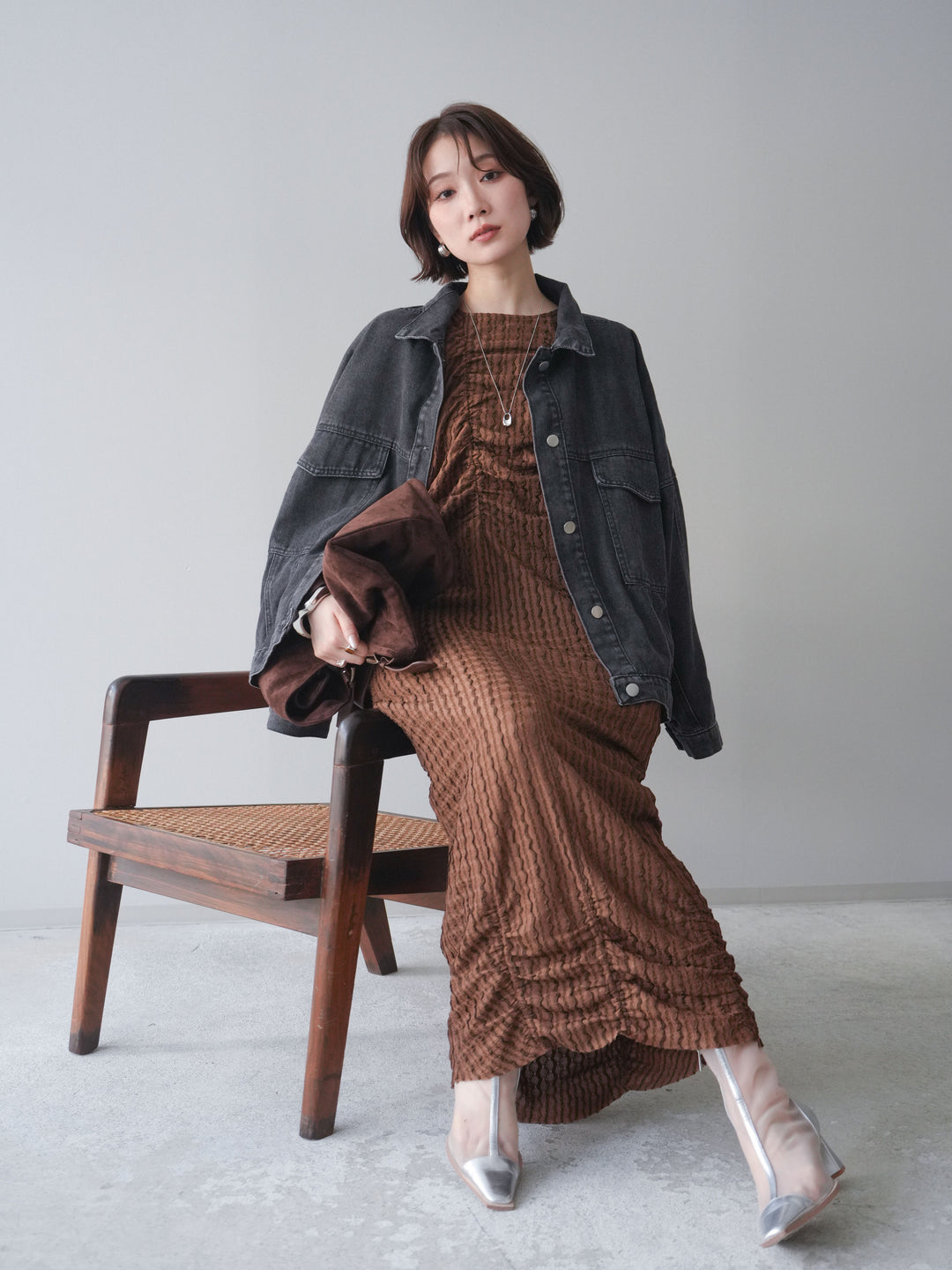 [予約]シャーリングジャガードノースリーブワンピース/brown