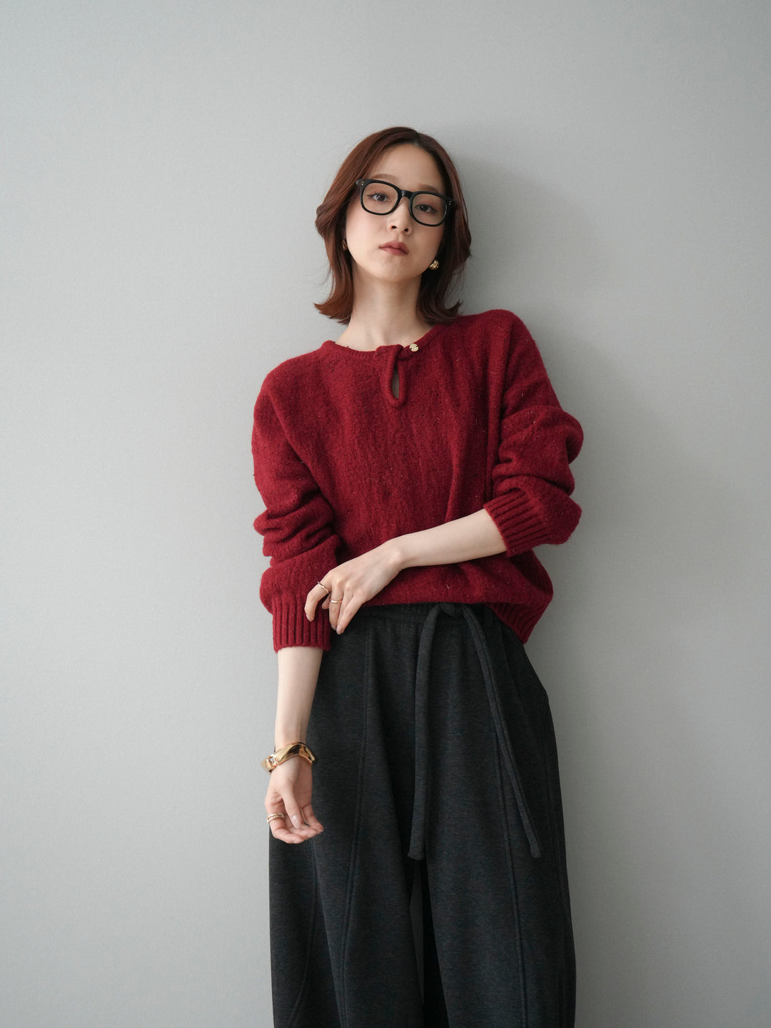 [予約]ツイストネックラメネップヤーンニットプルオーバー/red