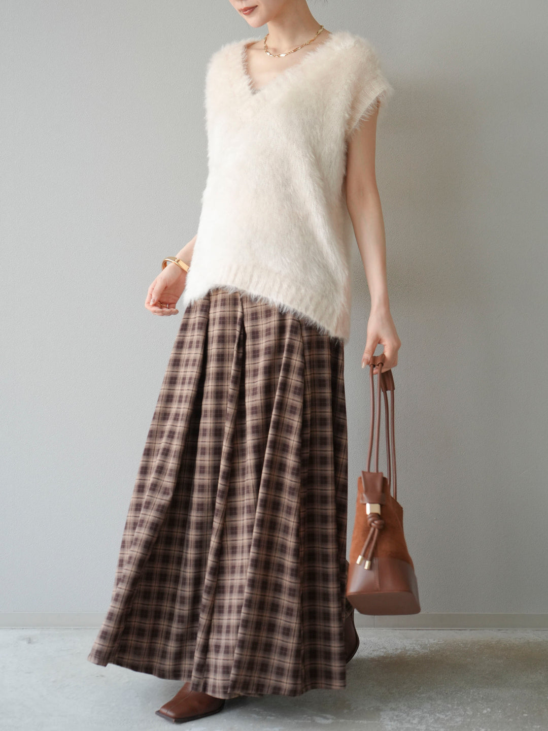[予約]チェックタックフレアロングスカート/ ブラウン