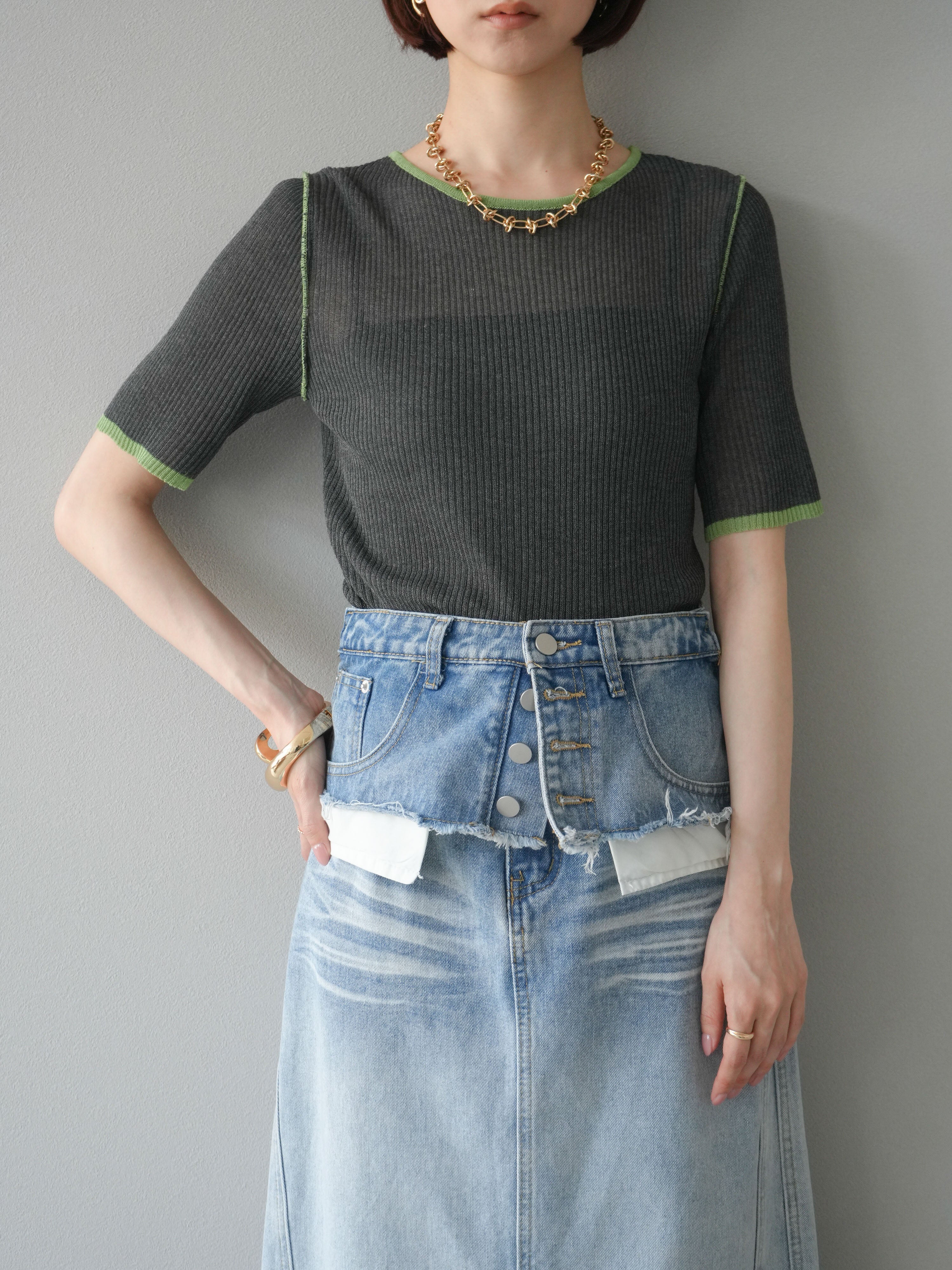 予約]麻タッチ配色ニットハーフスリーブトップス/チャコール – Lumier