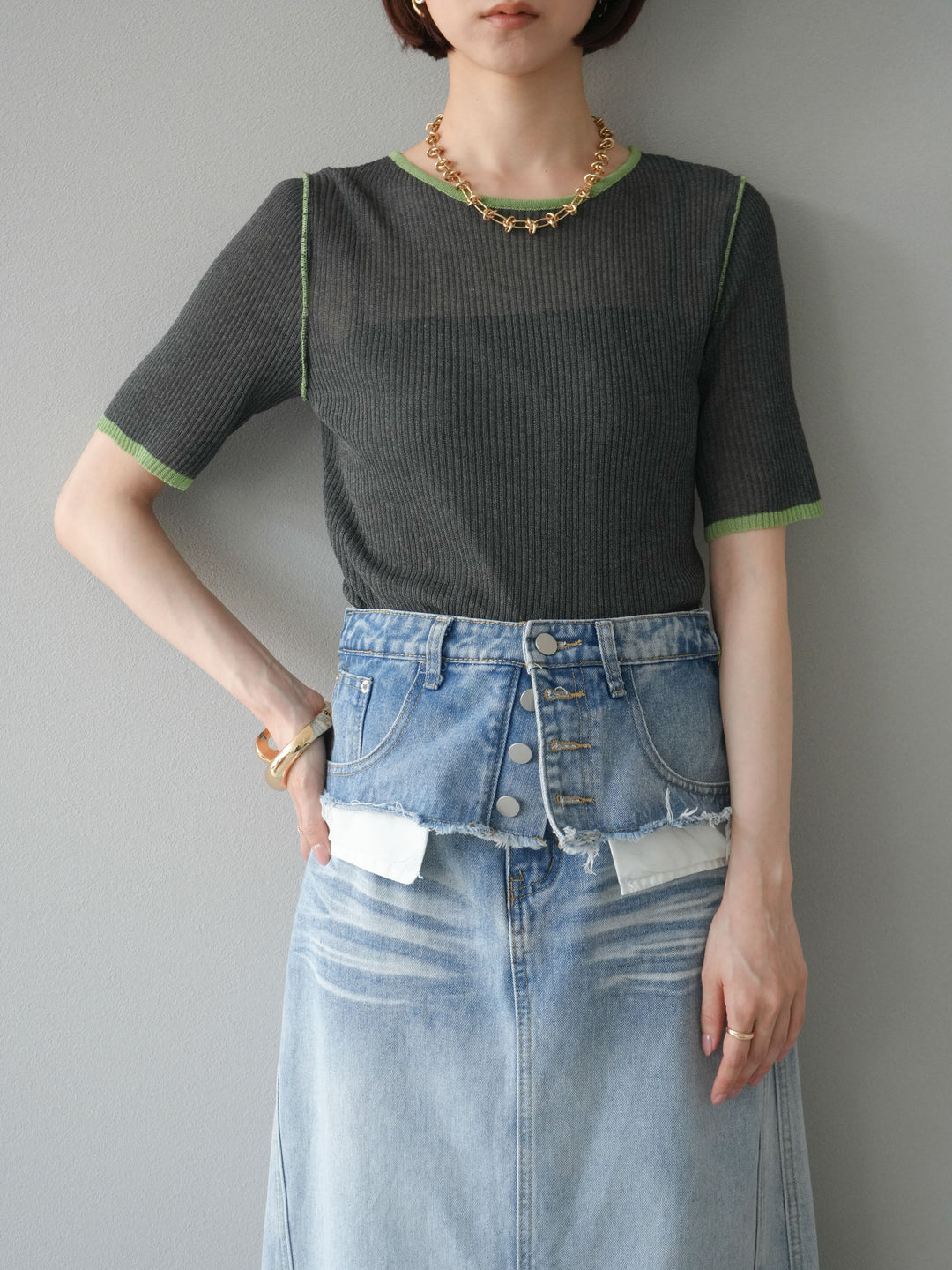 [予約]麻タッチ配色ニットハーフスリーブトップス/チャコール