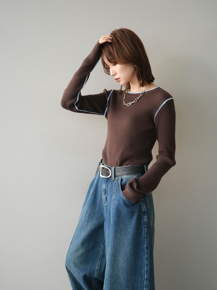 [予約]バイカラークルーネックリブニットトップス/brown