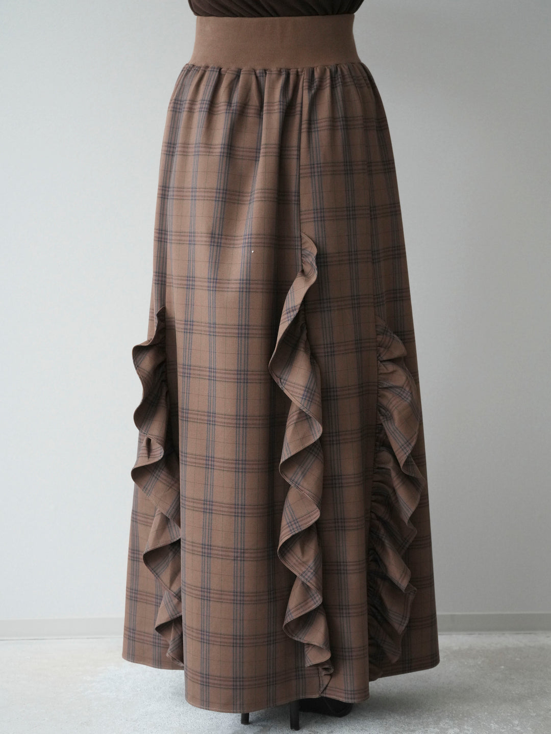 [予約]チェック柄フリルハイウエストマキシスカート/lightbrown