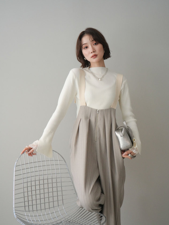 [SET]袖スカラップレースオフネックニットトップス+グログランテープストライプサロペット(2set)