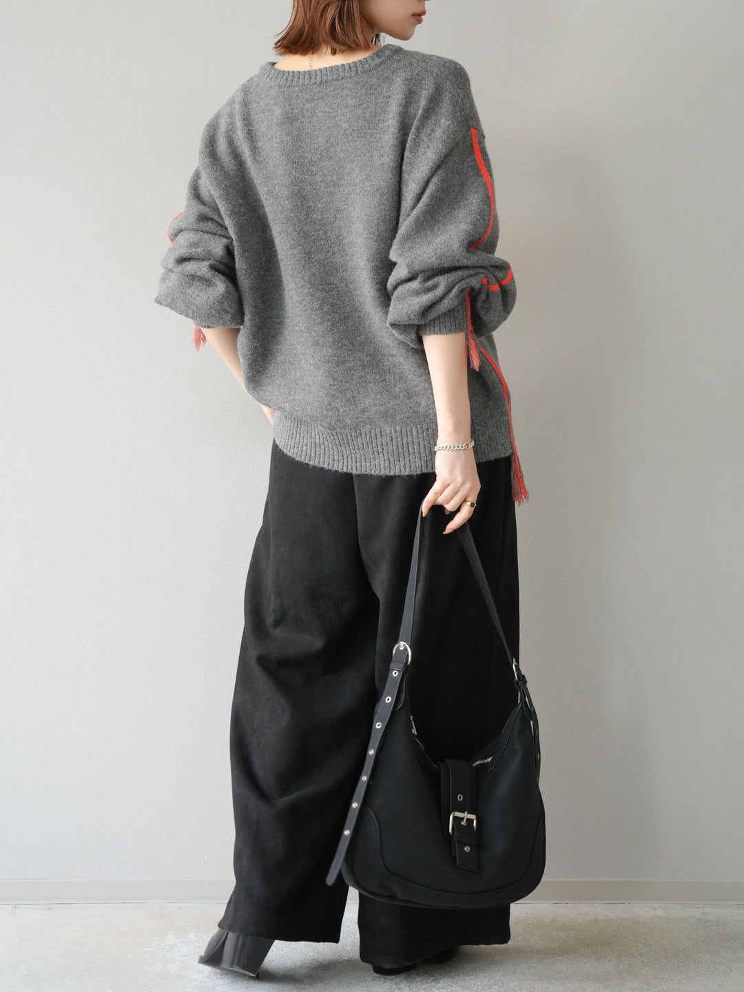 [SET]配色ステッチフリンジニットプルオーバー +スウェードタックワイドパンツ(2set)