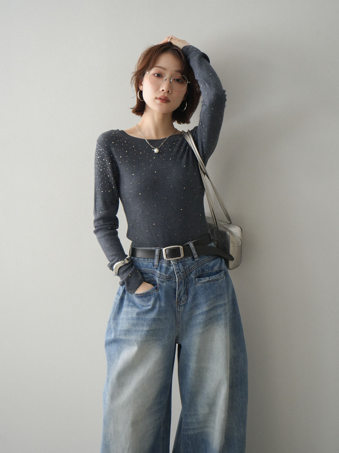 [SET]スパンコールシアーニットトップス+選べるアクセセット(2set)