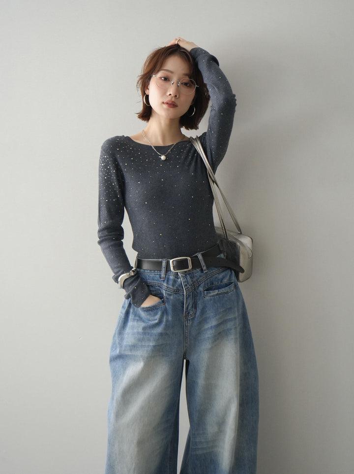 [SET]スパンコールシアーニットトップス+選べるアクセセット(2set)