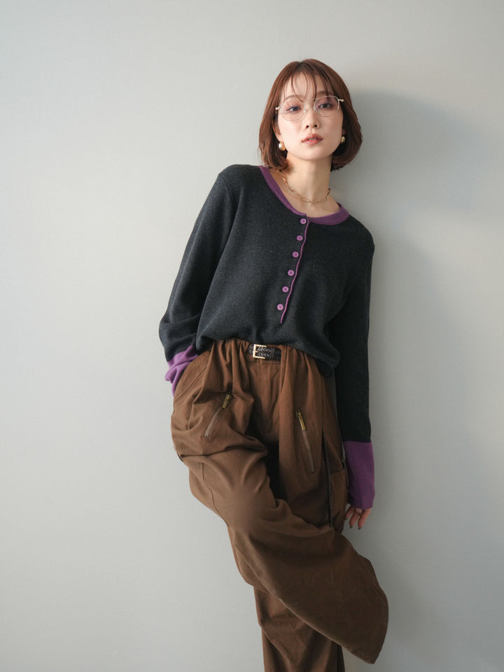 [SET]ヘンリーネック配色ニットソー+コットンタックループパンツ(2set)