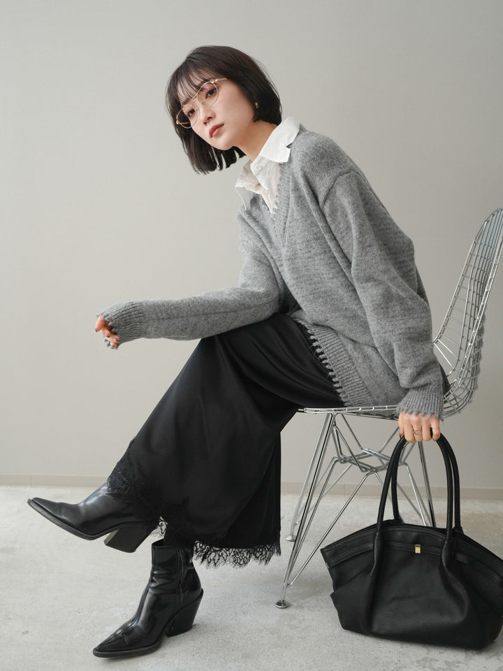 [予約]シャツドッキングVネックフリンジニットプルオーバー/gray