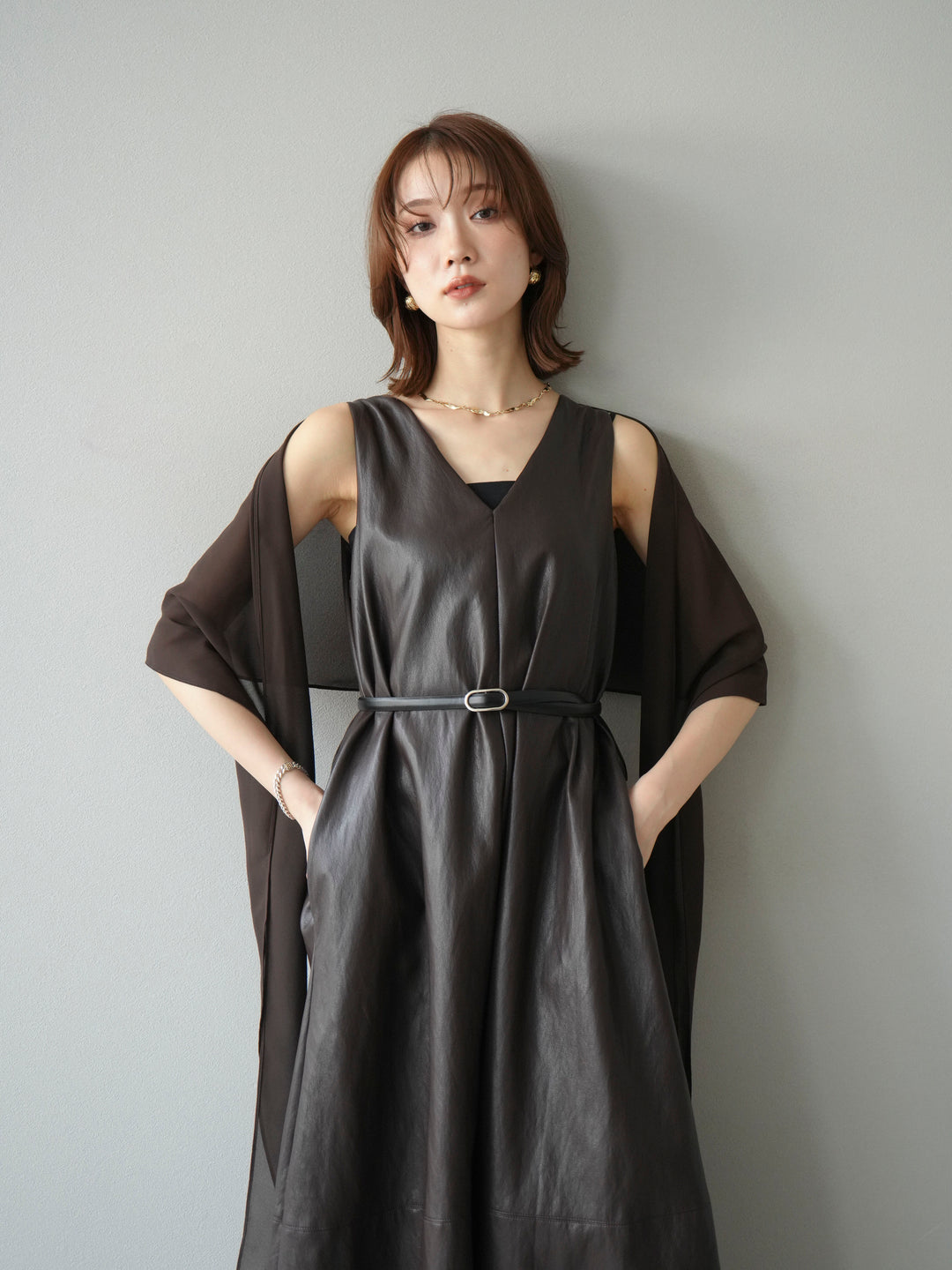[予約]レザーAラインワンピース/ブラウン